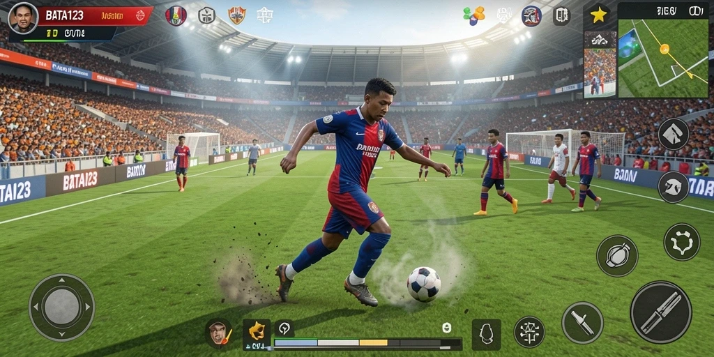 Screenshot permainan BATA123 menampilkan aksi seru di lapangan sepak bola.