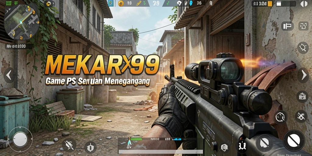 Screenshot utama <strong>MEKAR99</strong> menunjukkan aksi seru di medan perang.