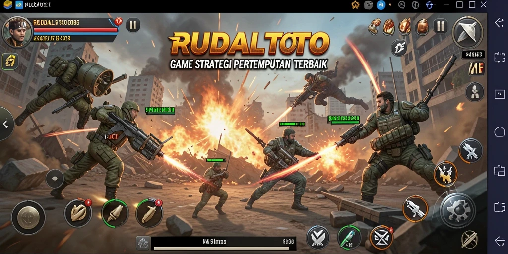 Screenshot utama RUDALTOTO menampilkan aksi pertempuran yang seru.