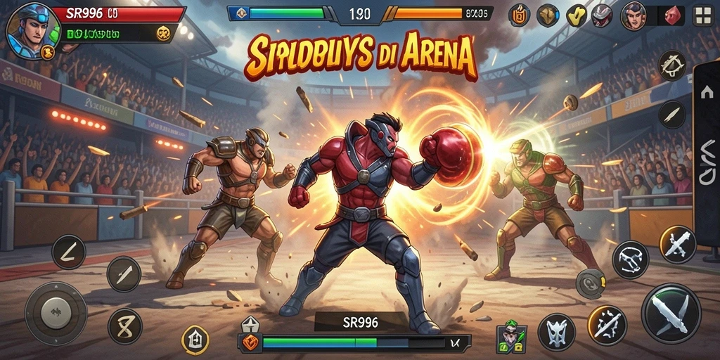Tampilan gameplay SR996 dengan pertarungan seru dan karakter unik.