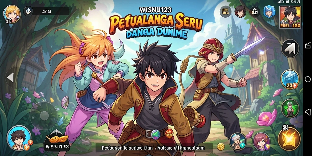 Tampilan gameplay yang dinamis di WISNU123 dengan karakter anime.