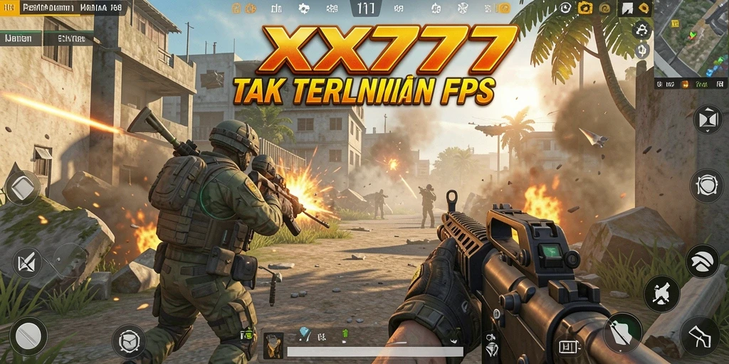 Gameplay XXX777 yang penuh aksi dalam pertarungan FPS.